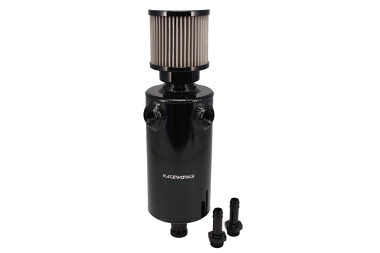 Raceworks 1L Round Catch Can With Drain Tap (AN8 x2 Ports)